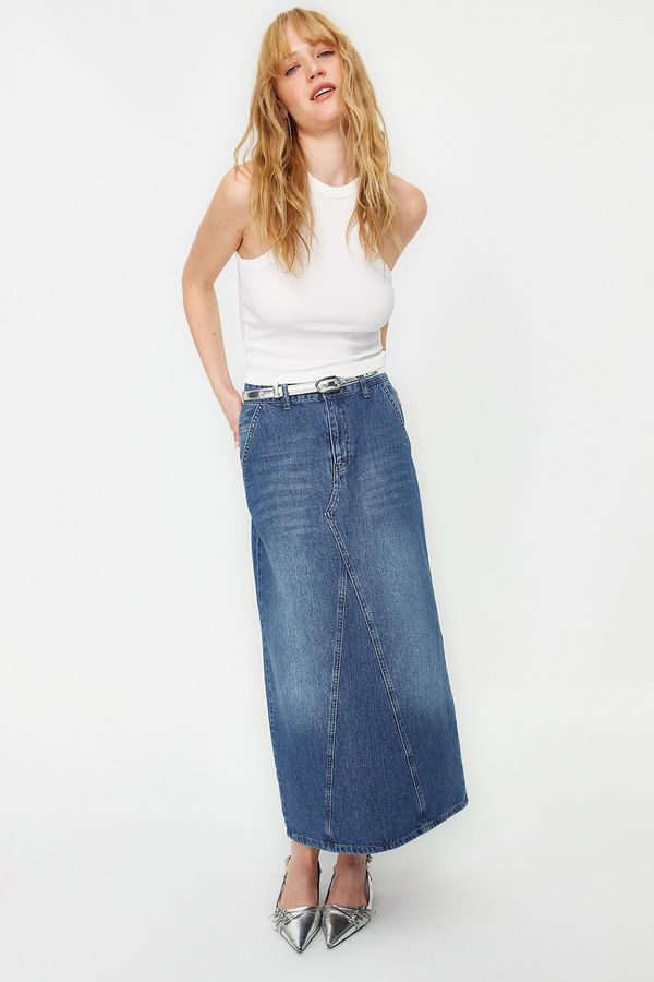 Trendyol Trendyol Blue Stitching Detailed High Waist Maxi Denim Skirt