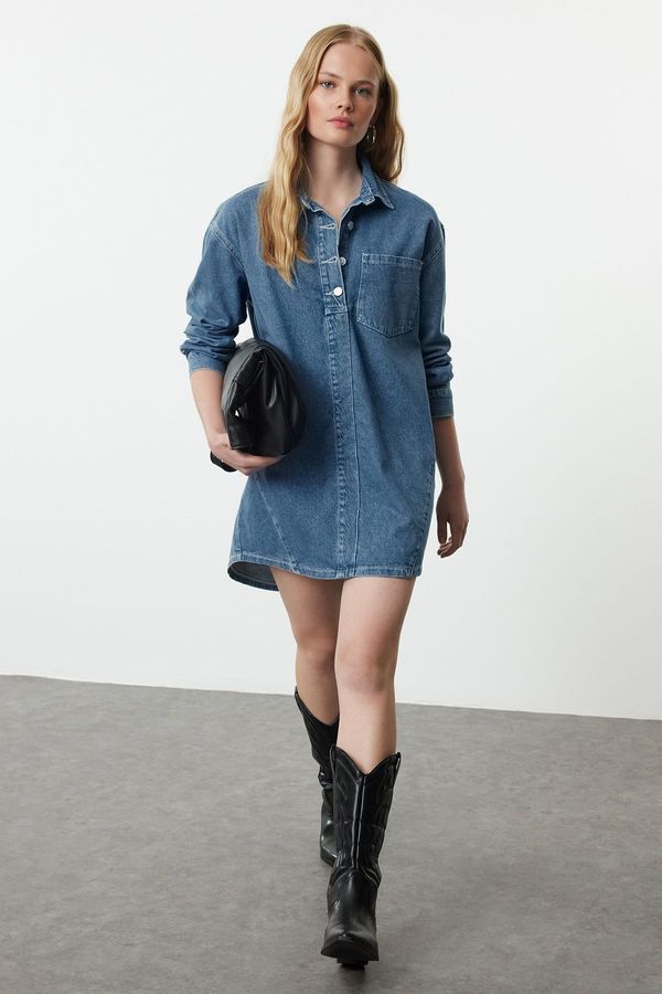 Trendyol Trendyol Blue Stitching Detailed Mini Denim Dress