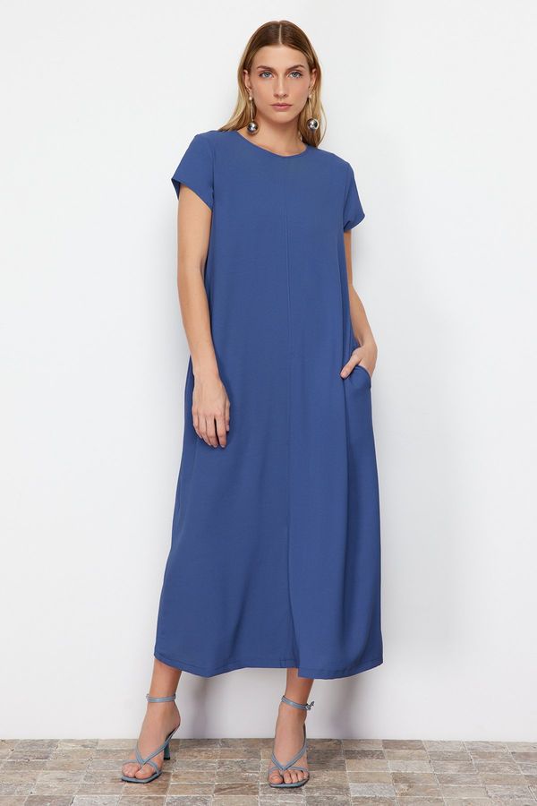 Trendyol Trendyol Blue Straight Cut Crew Neck Pocket Detailed Aerobin Midi Woven Dress