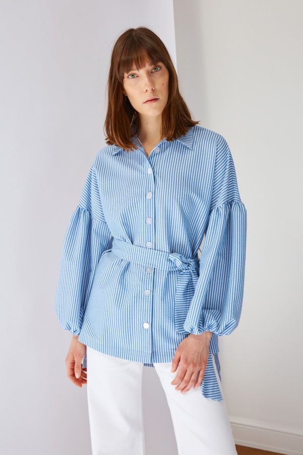 Trendyol Trendyol Blue Striped Belted Balloon Back Sleeve Long Woven Shirt