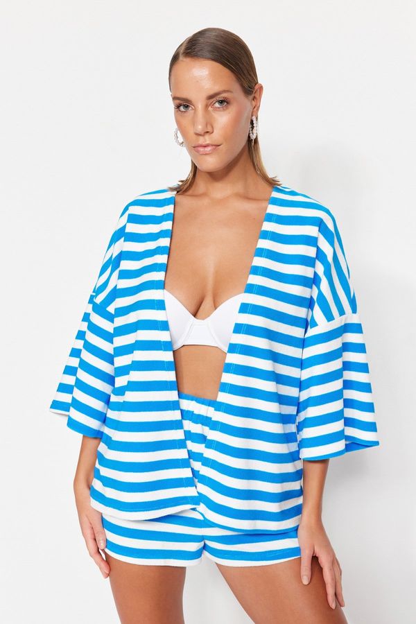 Trendyol Trendyol Blue Striped Belted Mini Knitted Kimono&Kaftan