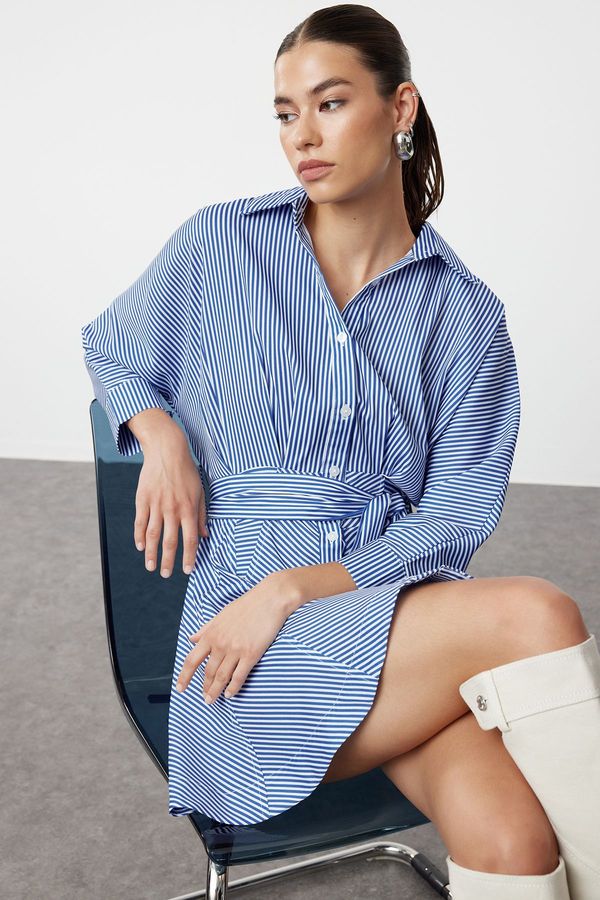 Trendyol Trendyol Blue Striped Belted Stripe Patterned Shirt Woven Dress
