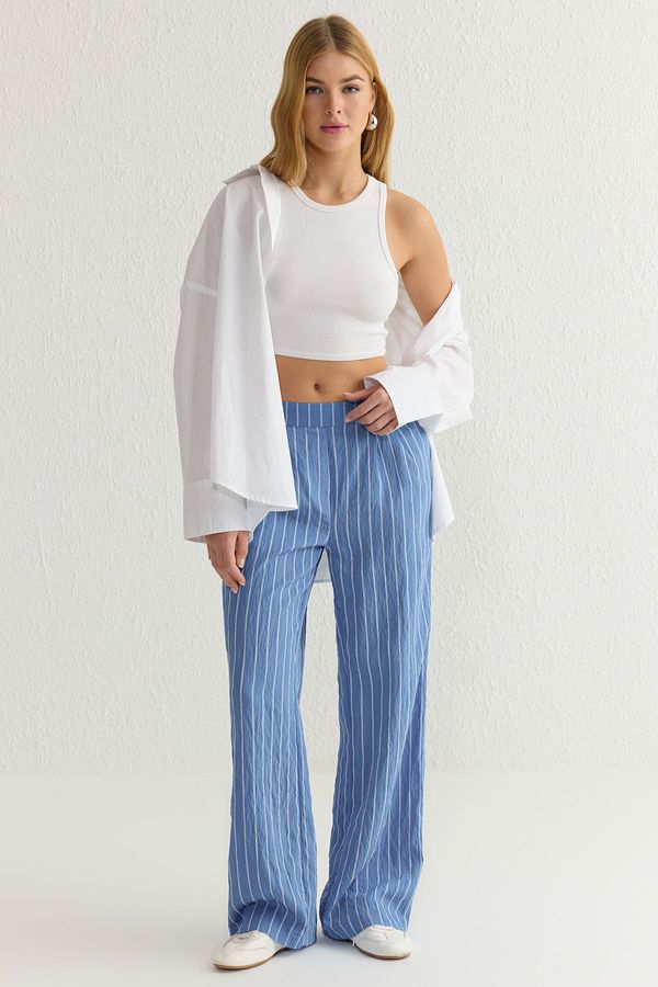 Trendyol Trendyol Blue Striped Crinkle Regular Waist Wide Leg Woven Trousers