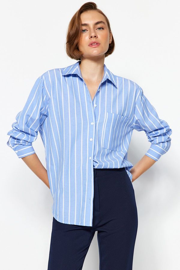 Trendyol Trendyol Blue Striped Pocketed Oversize/Wide Fit Woven Shirt