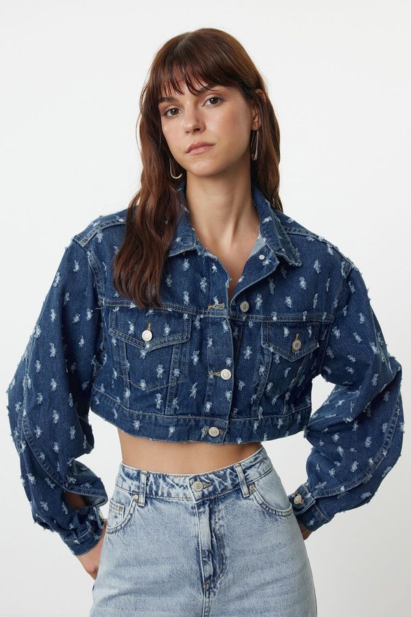 Trendyol Trendyol Blue Textured Fabric Crop Denim Jacket