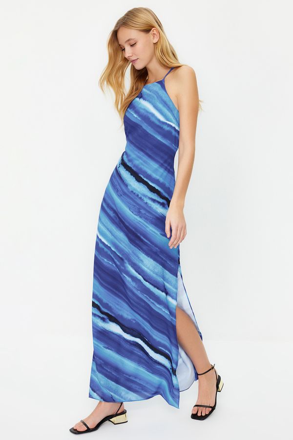 Trendyol Trendyol Blue Tie-Dye Patterned Straight Cut Sleeveless Maxi Lined Satin Woven Dress