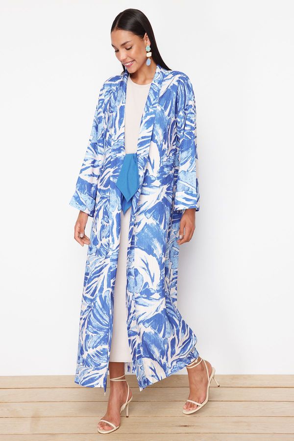 Trendyol Trendyol Blue Tropical Patterned Long Woven Kimono & Kaftan
