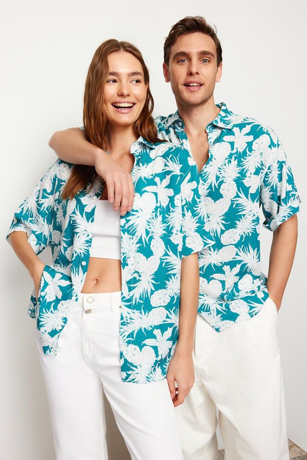 Trendyol Trendyol Blue Unisex Oversize Fit Pineapple Printed 100% Viscose Short Sleeve Flowy Summer Shirt