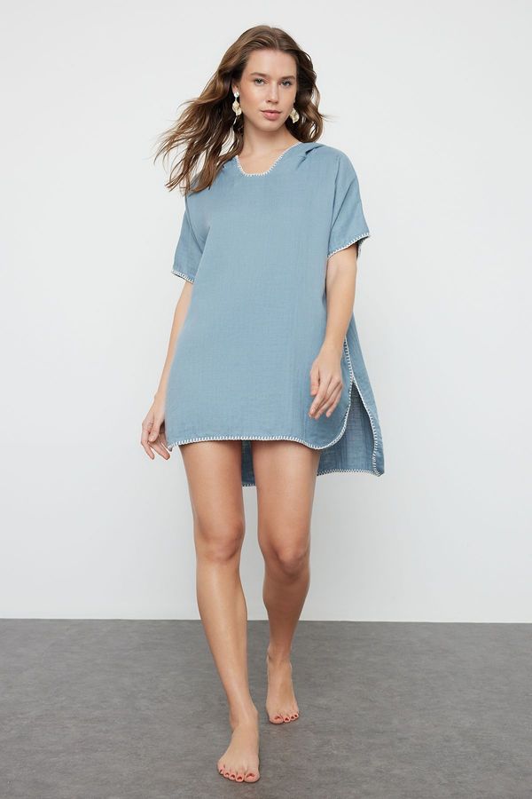 Trendyol Trendyol Blue Wide Fit Mini Woven Embroidered Muslin Beach Dress