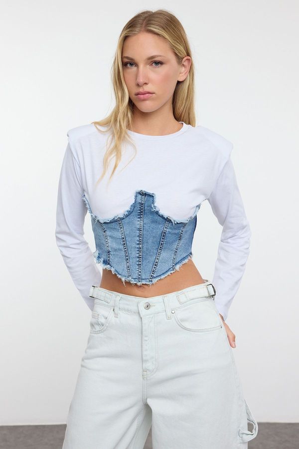 Trendyol Trendyol Blue Woven Garnished Fitted/Body-Smoothing Knitted Blouse