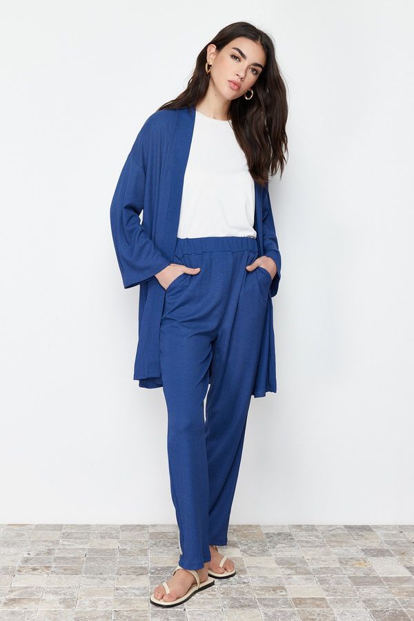 Trendyol Trendyol Blue Wrap Knitted Kimono Trousers Bottom-Top Set