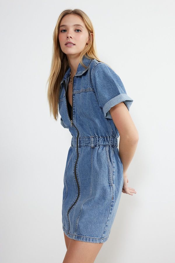 Trendyol Trendyol Blue Zipper Detailed Mini Denim Dress