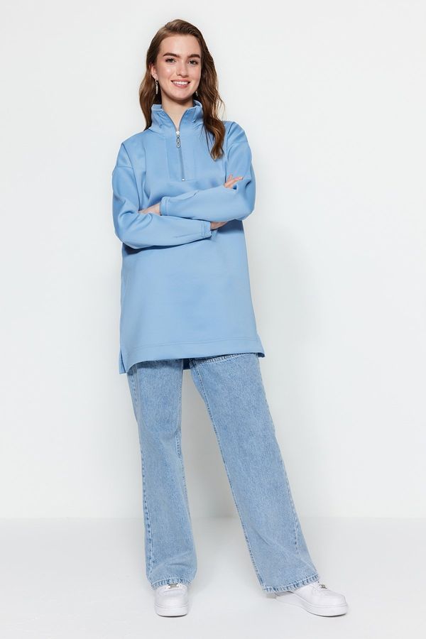 Trendyol Trendyol Blue Zipper Stand-Up Collar Scuba Knitted Sweatshirt