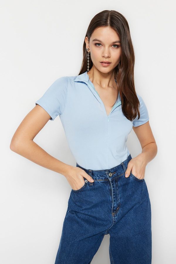 Trendyol Trendyol Blue Zipper Standing Collar Zippered Short Sleeves, Flexible Knitted Bodysuit