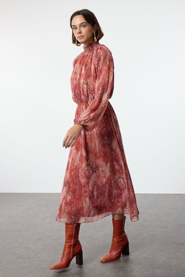 Trendyol Trendyol Brick Shawl Pattern Gipel Midi Lined Woven Winter Dress