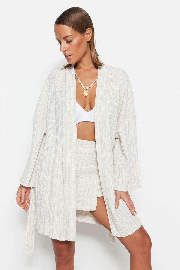 Trendyol Trendyol Bridal Ecru Belted Mini Woven Linen Blended Kimono & Kaftan