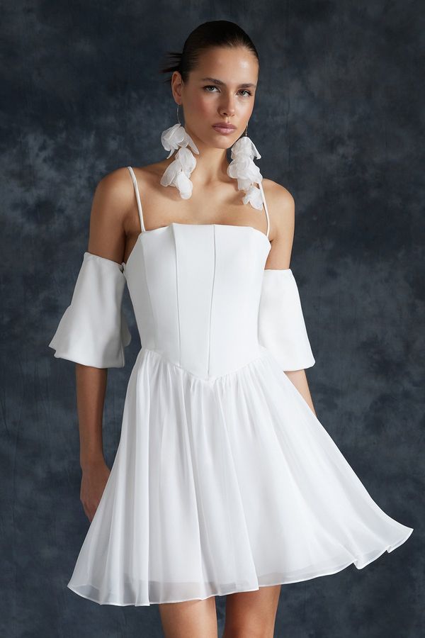 Trendyol Trendyol Bridal White A-Cut Corset Detailed Woven Wedding/Wedding Elegant Evening Dress