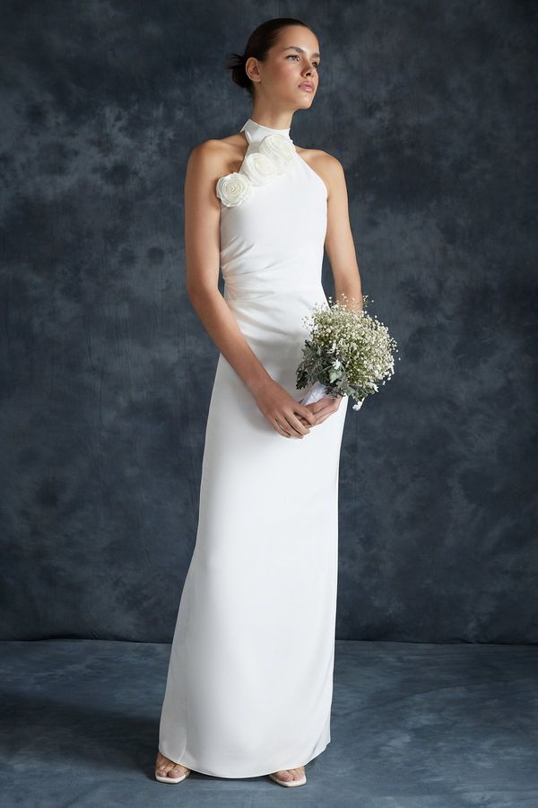 Trendyol Trendyol Bridal White Rose Detailed Woven Elegant Evening Dress