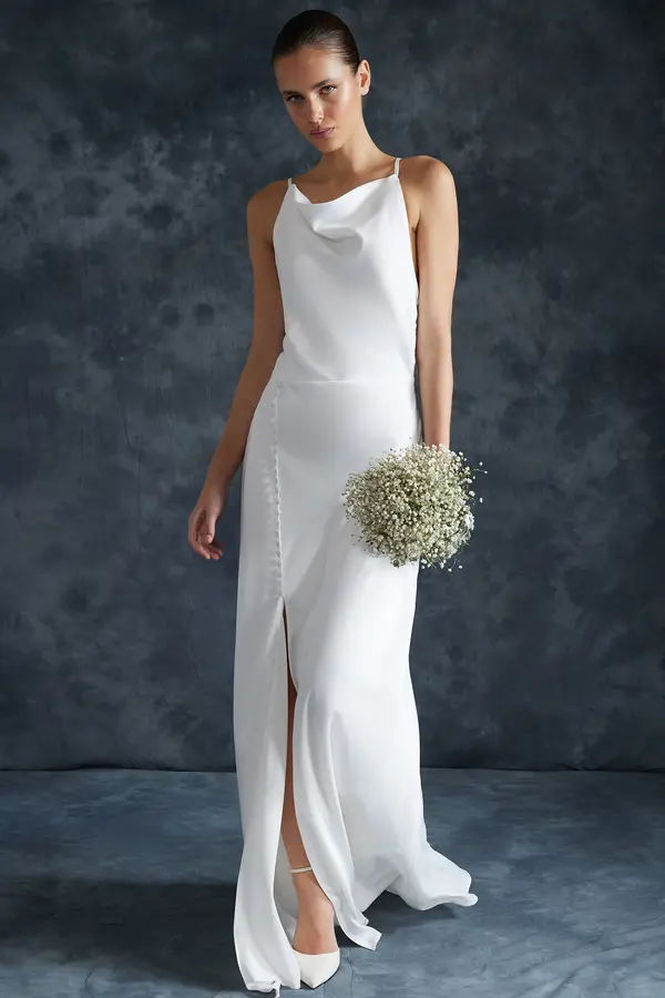 Trendyol Trendyol Bridal White Woven Satin Wedding / Wedding Long Evening Evening Dress