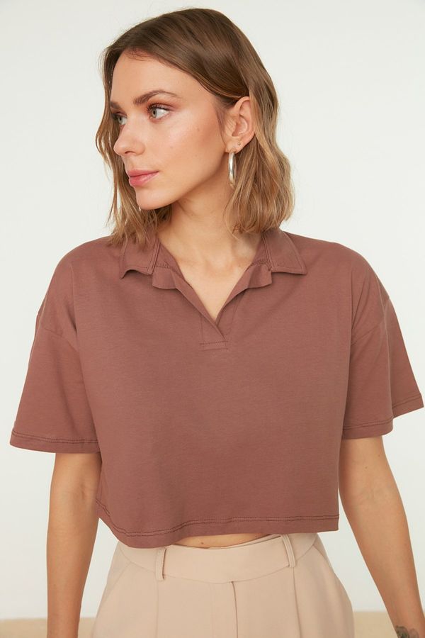 Trendyol Trendyol Brown 100% Cotton Crop Polo Neck Knitted T-Shirt