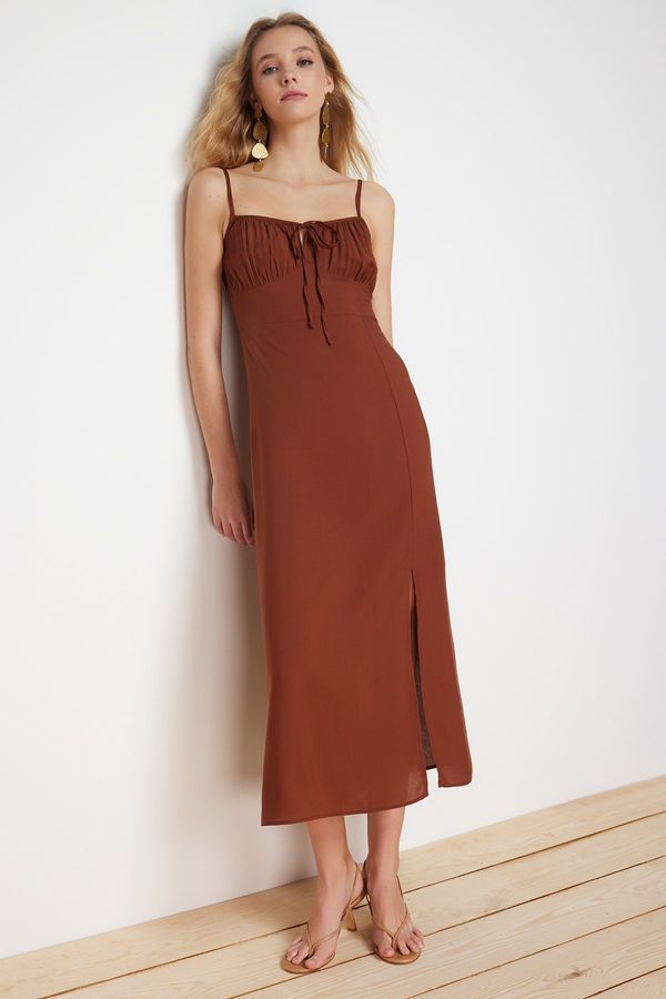 Trendyol Trendyol Brown A-Line Neck Tie Detail Midi Woven Dress