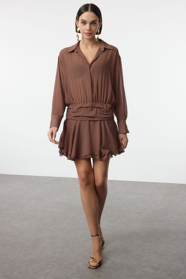 Trendyol Trendyol Brown A-Line Shirt Collar Ruffle Detailed Chiffon Woven Short Dress