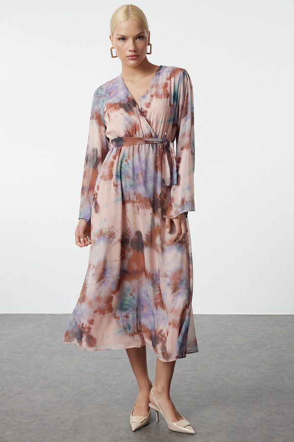 Trendyol Trendyol Brown Abstract Pattern Belted A-Line Double Breasted Collar Lined Chiffon Maxi Woven Dress