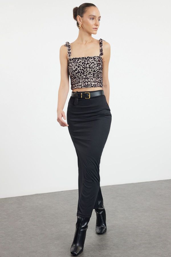 Trendyol Trendyol Brown Animal Leopard Patterned Tie Detailed Square Neck Crop Stretchy Knitted Blouse