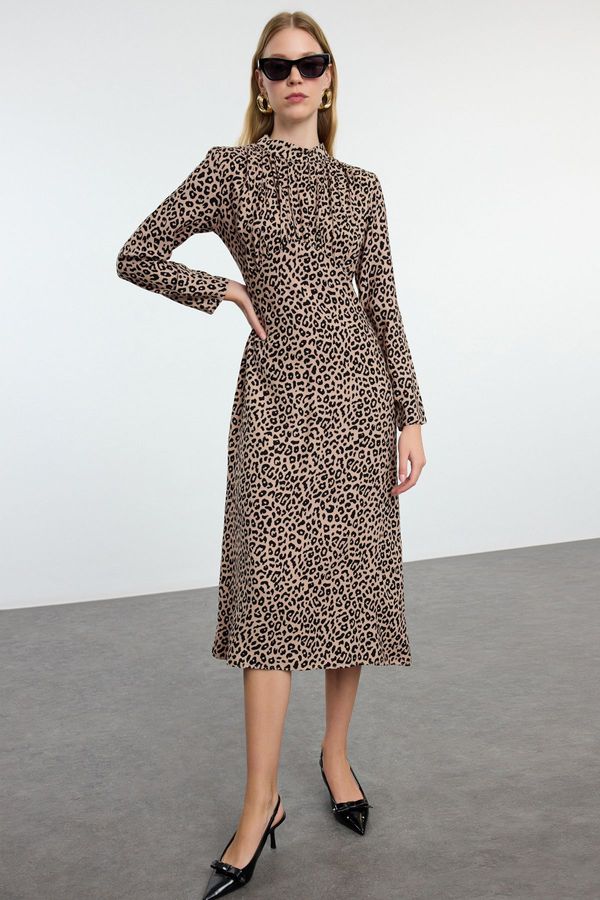 Trendyol Trendyol Brown Animal Pattern Collar Drape Detailed A-Line Midi Woven Dress