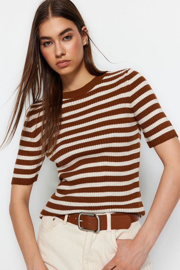 Trendyol Trendyol Brown Basic Striped Knitwear T-Shirt