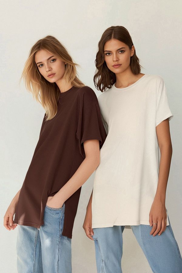 Trendyol Trendyol Brown-Beige 2 Pack Slit Detailed Crew Neck Short Sleeve Basic Knitted T-Shirt