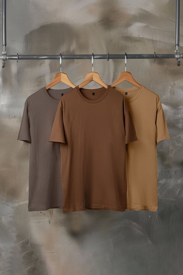 Trendyol Trendyol Brown-Beige-Grey Basic Slim/Slim Fit 100% Cotton 3-Pack T-Shirt