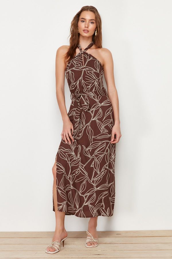 Trendyol Trendyol Brown Belted Floral Print A-Cut Slit Detailed Woven Dress