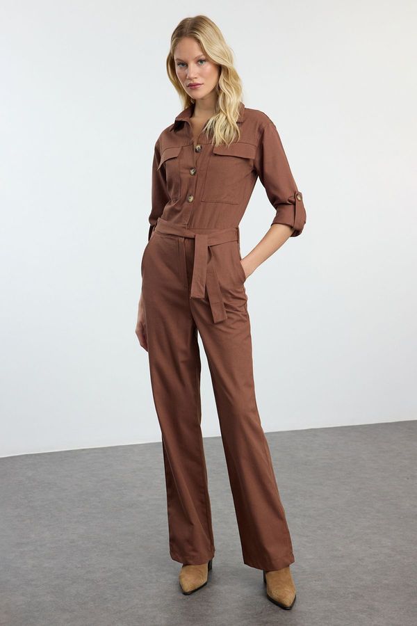 Trendyol Trendyol Brown Belted Pocket Detailed Long Jumpsuit