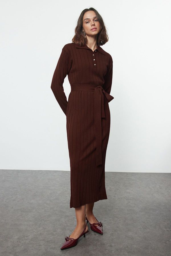 Trendyol Trendyol Brown Belted Polo Collar Knitwear Ribbed Knitted Sweater Dress