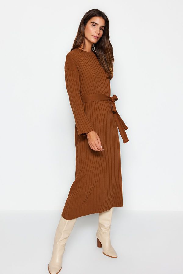 Trendyol Trendyol Brown Belted Rib Knitwear Dress