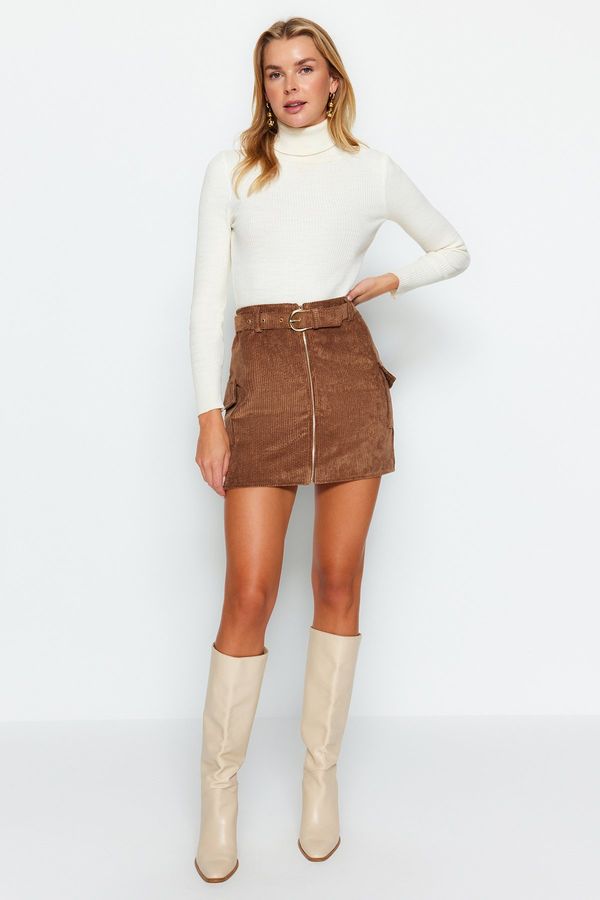 Trendyol Trendyol Brown Belted Zipper Pocket Detailed Velvet Fabric Mini Woven Skirt