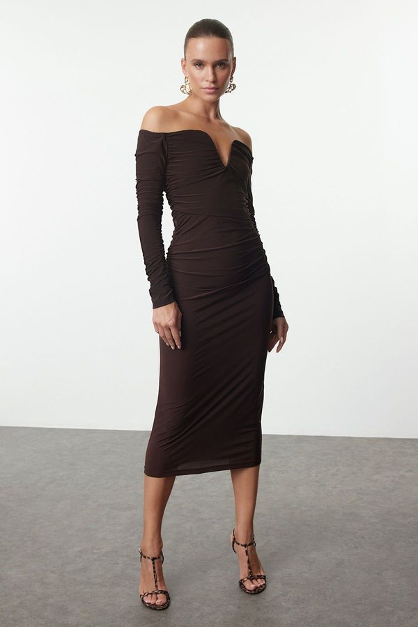 Trendyol Trendyol Brown Body-Smoothing Carmen Collar Knitted Dress