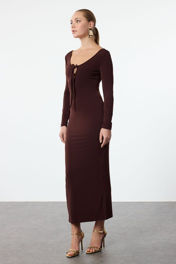 Trendyol Trendyol Brown Body-Smoothing Knitted Dress with Tie Detail at Chest
