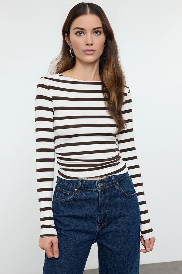 Trendyol Trendyol Brown Brown Striped Fitted/Fits on the Body Gathered Detail Flexible Knitted Blouse