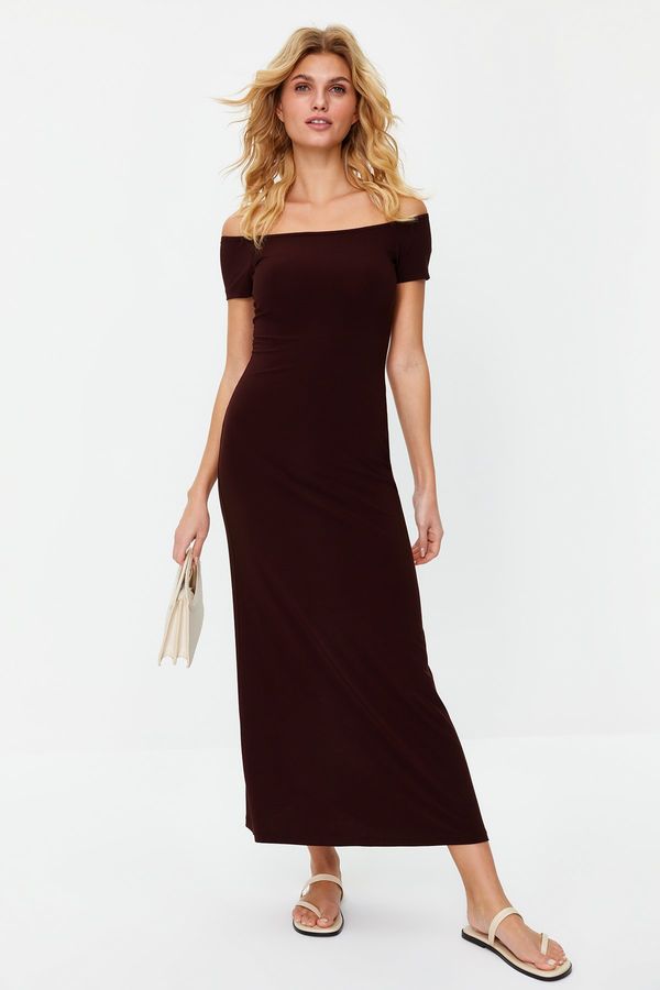 Trendyol Trendyol Brown Carmen Collar Fitted/Fitting Stretchy Knitted Maxi Dress