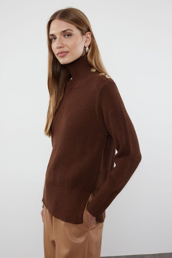 Trendyol Trendyol Brown Collar Button Detailed Soft Textured Knitwear Sweater