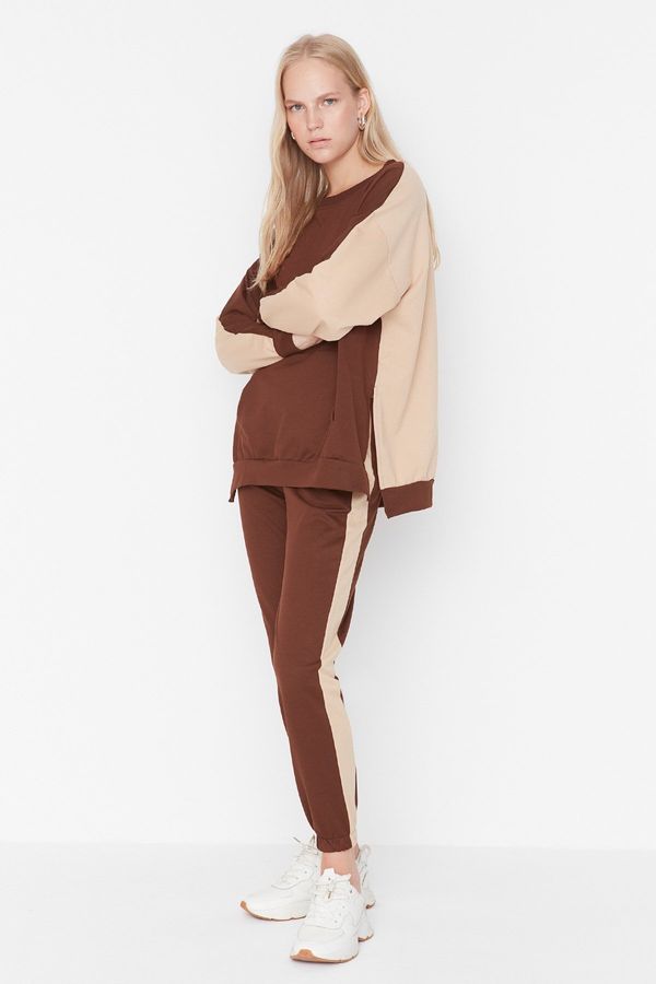 Trendyol Trendyol Brown Color Block Thin Knitted Tracksuit Set