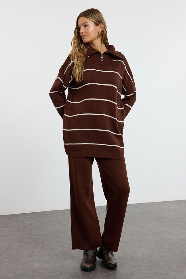 Trendyol Trendyol Brown Comfortable Striped Knitwear Bottom-Top Set