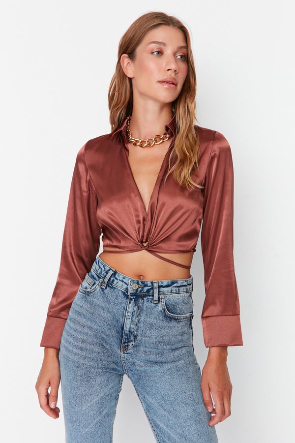 Trendyol Trendyol Brown Crop Tie Detail Satin Woven Blouse