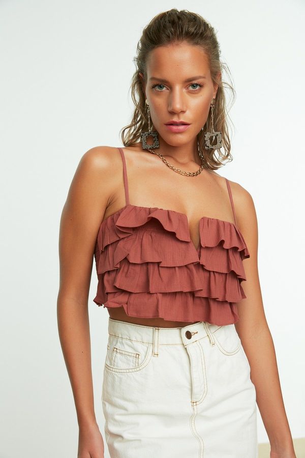 Trendyol Trendyol Brown Crop Woven Ruffle 100% Cotton Blouse