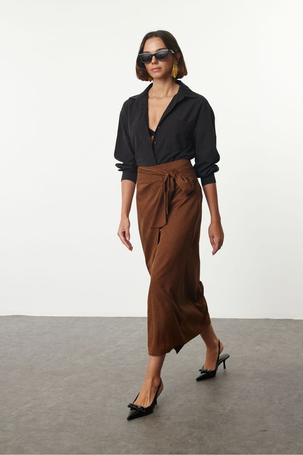 Trendyol Trendyol Brown Double Breasted Tie Detailed Linen Look Woven Skirt