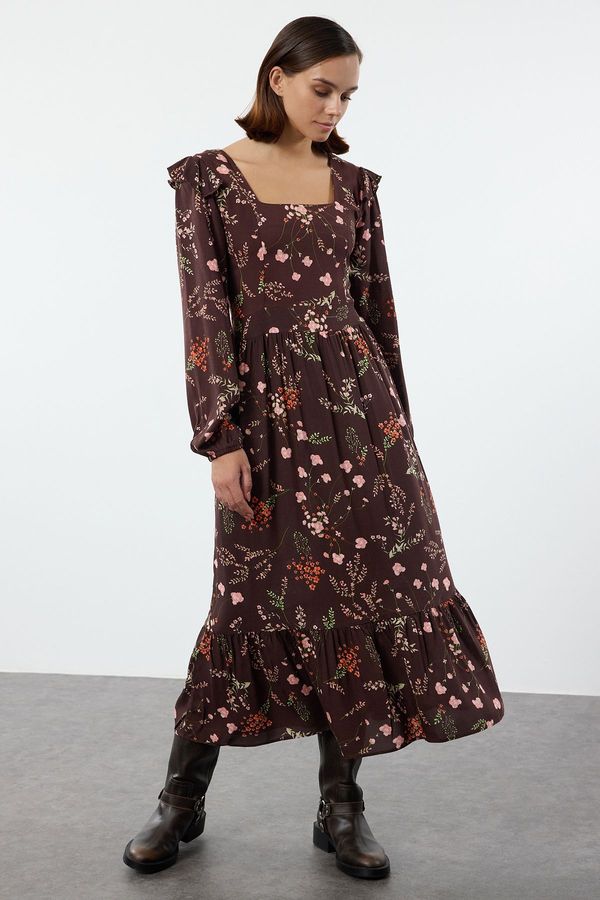 Trendyol Trendyol Brown Floral A-Line Ruffle 100% Viscose Woven Dress