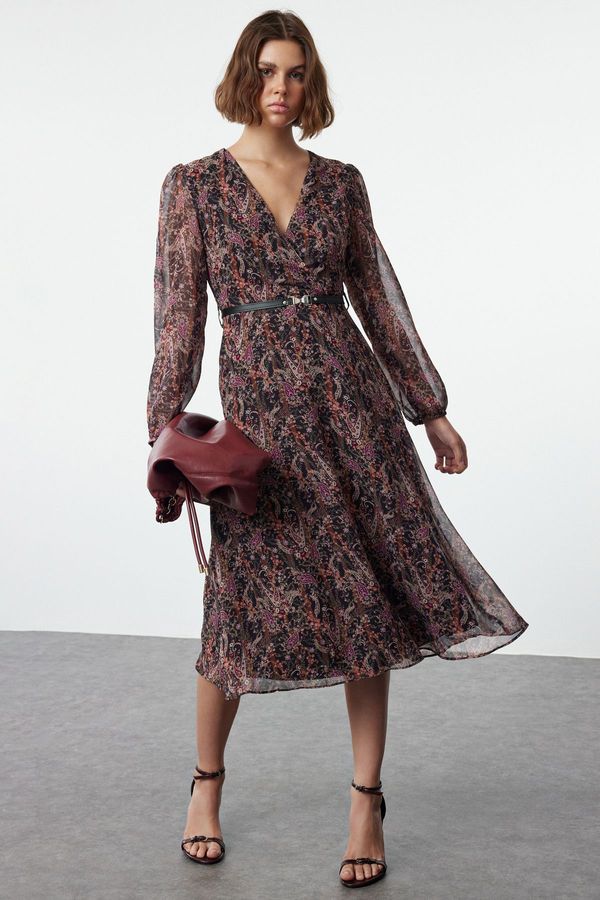 Trendyol Trendyol Brown Floral Belted A-Line Midi Double Breasted Collar Patterned Chiffon Woven Dress