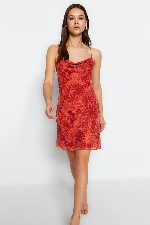 Trendyol Trendyol Brown Floral Print Mini Knitted Dress with Straps and Crisscross Back Detail